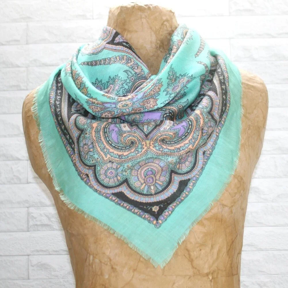 VINTAGE Scarf Square Floral Headscarf Colorful Woven Paisley Aqua Pastel Spring